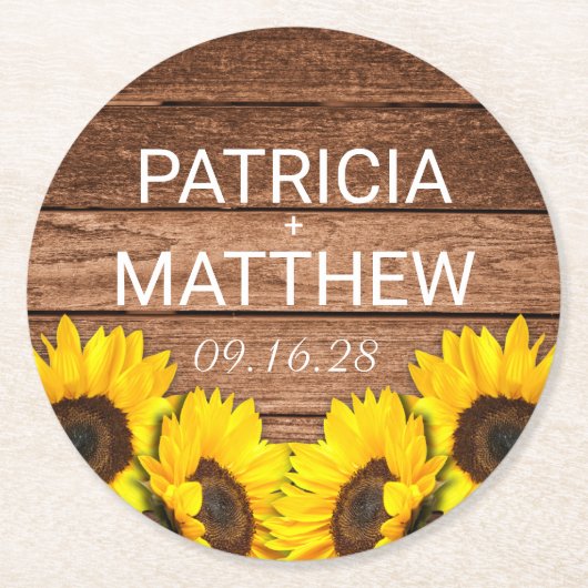 ウッド素朴ひまわりパーソナライズされた結婚式の引き出物 ラウンドペーパーコースター (正面)
