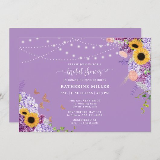 ウッド素朴ひまわりフローラリースブライダルシャワー 招待状 (正面/裏面)