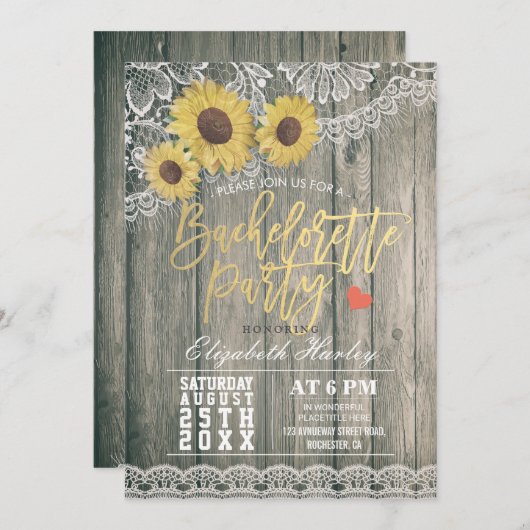 ウッド素朴ひまわりレースバチェロレッテ 招待状 (正面/裏面)