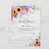 ウッド素朴ひまわり薄紫フローラブライダルシャワー 招待状 (正面/裏面)