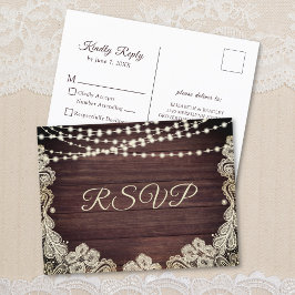 ウッド素朴アイボリーレースストリングライツライトウェディングRSVP インビテーションポストカード
