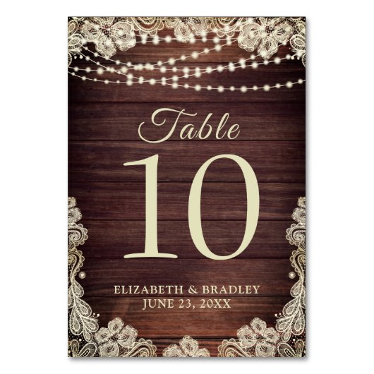 ウッド素朴アイボリーレースストリングラ結婚イト テーブルナンバー (正面)