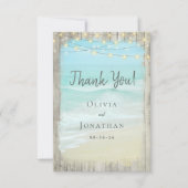 ウッド素朴アクアブルービーチストリングライツ結婚ズ サンキューカード (正面)