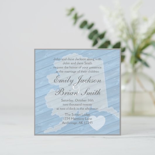 ウッド素朴アラスカ州ブルー結婚式招待状 招待状 (スタンド正面)