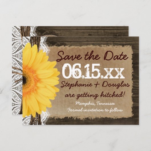 ウッド素朴イエローデイジー日付はがきを保存 案内ポストカード (正面/裏面)