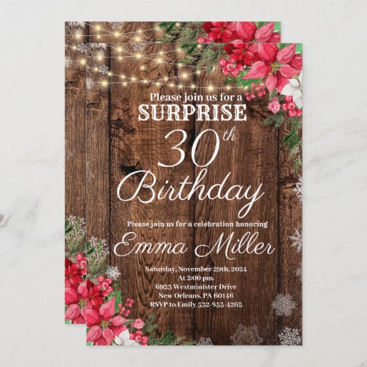ウッド素朴ウィンターサプライズ30歳の誕生日 招待状 (正面/裏面)
