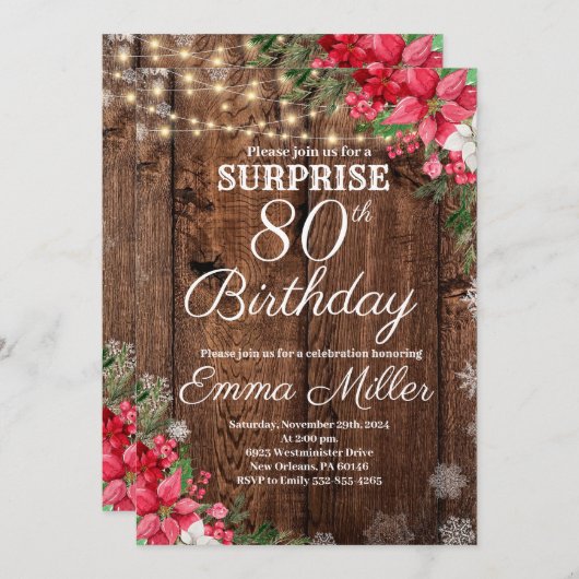 ウッド素朴ウィンターサプライズ80誕生日 招待状 (正面/裏面)