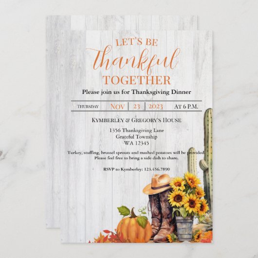 ウッド素朴ウエスタンサンフラワー感謝祭ディナー 招待状 (正面/裏面)