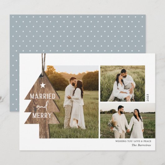 ウッド素朴オーナメント新婚3写真クリスマスホー シーズンカード (正面/裏面)