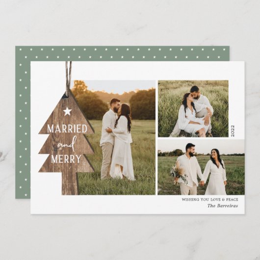 ウッド素朴オーナメント新婚3写真クリスマス シーズンカード (正面/裏面)