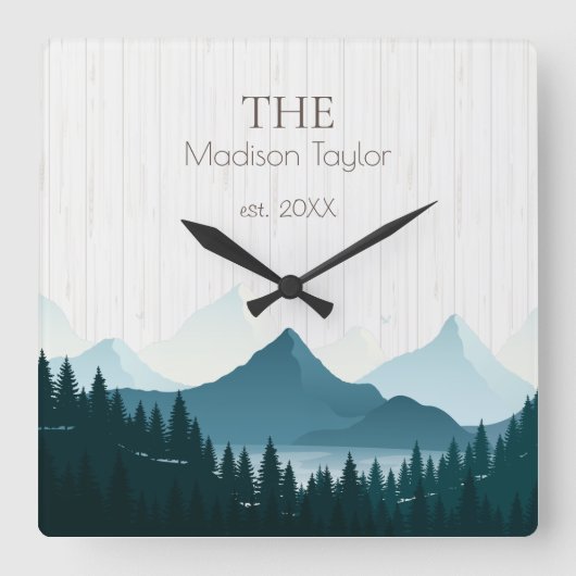 ウッド素朴カスタムファミリ名 スクエア壁時計 (正面)