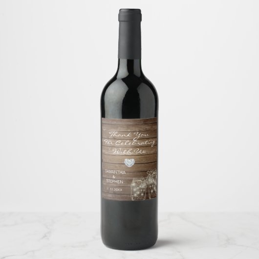 ウッド素朴カントリーメイソンジャースハート結婚ズ ワインラベル (正面)