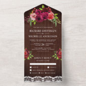 ウッド素朴カントリーレースバーガンディフローラズ結婚 オールインワン招待状 (内側)