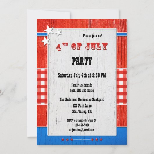 ウッド素朴ギンガム7月4日パーティの招待状 招待状 (正面)