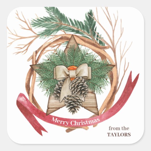 ウッド素朴クリスマススターウィッグリース スクエアシール (正面)