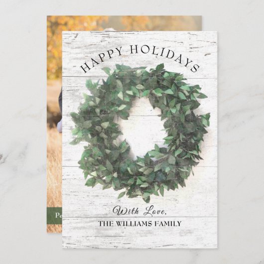 ウッド素朴グリーンリースファミリーフォトハッピー シーズンカード (正面/裏面)