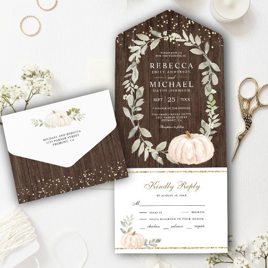 ウッド素朴グリーンリーホワイトパンプキン秋の結婚式 オールインワン招待状