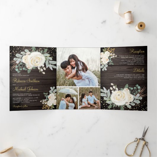 ウッド素朴グリーン金ゴールドアイボリー結婚フローラ 三つ折り招待状 (内部)