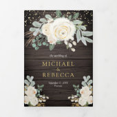 ウッド素朴グリーン金ゴールドアイボリー結婚フローラ 三つ折り招待状 (カバー)