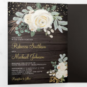 ウッド素朴グリーン金ゴールドアイボリー結婚フローラ 三つ折り招待状 (内部最初)