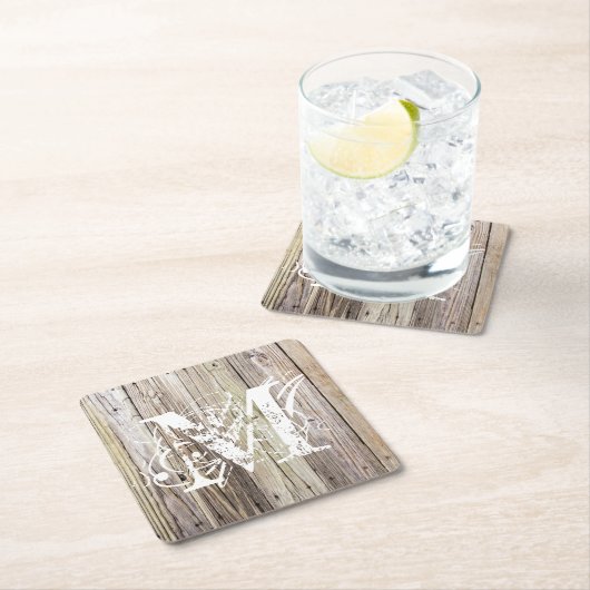 ウッド素朴コースタモノグラムのー スクエアペーパーコースター (インサイチュ)