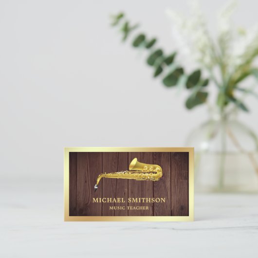 ウッド素朴ゴールドフォイルサクソフォーン音楽先生 名刺 (スタンド正面)