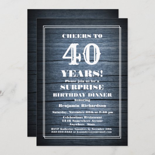 ウッド素朴サプライズ40thバースデーディナーパーティー 招待状 (正面/裏面)