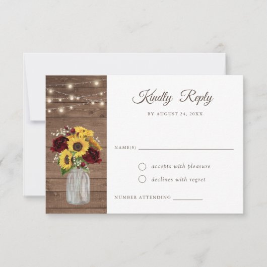 ウッド素朴サンフラワーズバーガンディーメイソンジャーRSVP 招待状 (正面)