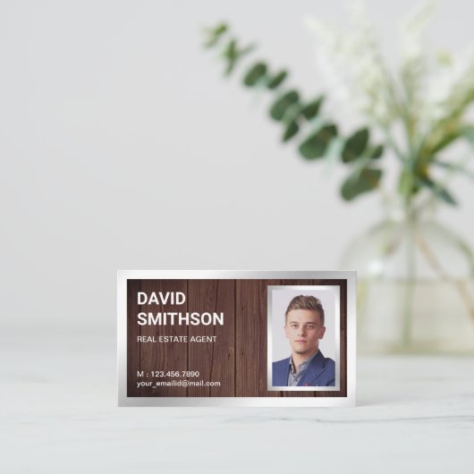 ウッド素朴シルバーフォイルエ実在ステート不動産仲介業者写真 名刺 (スタンド正面)