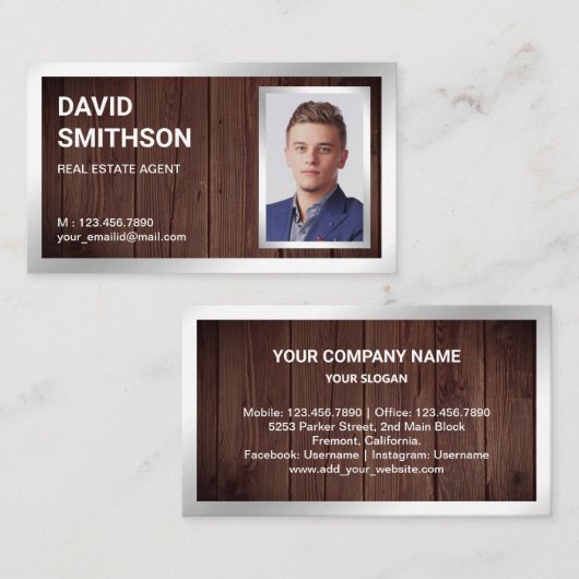 ウッド素朴シルバーフォイルエ実在ステート不動産仲介業者写真 名刺 (正面/裏面)