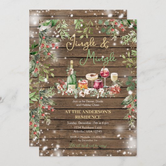 ウッド素朴ジングル&ミングルクリスマスディナーパーティー 招待状 (正面/裏面)