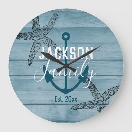 ウッド素朴スターフィッシュカスタムファミリービーチハウス ラージ壁時計 (正面)