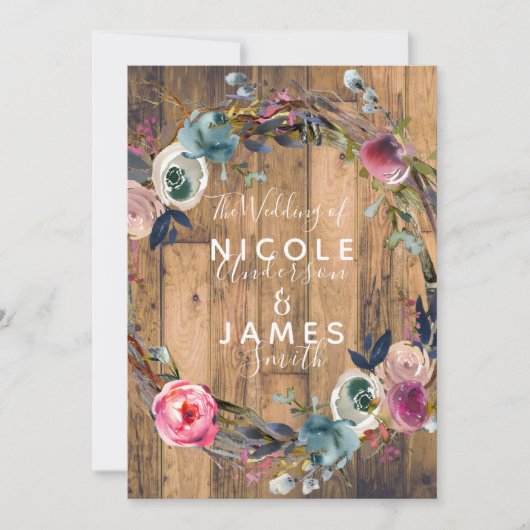 ウッド素朴スティックフローラリースボ結婚タニカル 招待状 (正面)
