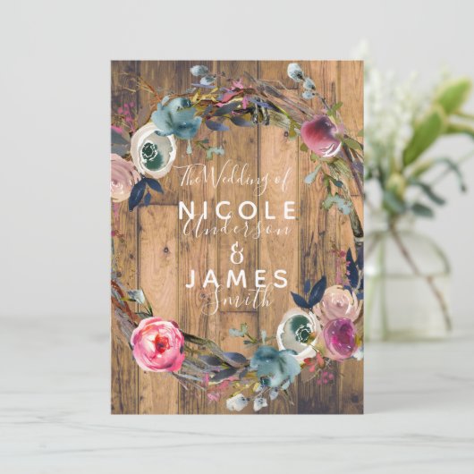 ウッド素朴スティックフローラリースボ結婚タニカル 招待状 (スタンド正面)