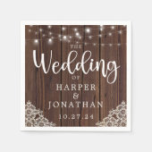 ウッド素朴ストリングライトレースファームハウス結婚ズ スタンダードカクテルナプキン (正面)