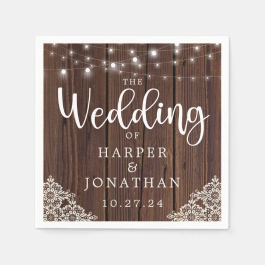 ウッド素朴ストリングライトレースファームハウス結婚ズ スタンダードカクテルナプキン (正面)