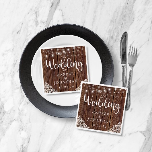 ウッド素朴ストリングライトレースファームハウス結婚ズ スタンダードカクテルナプキン