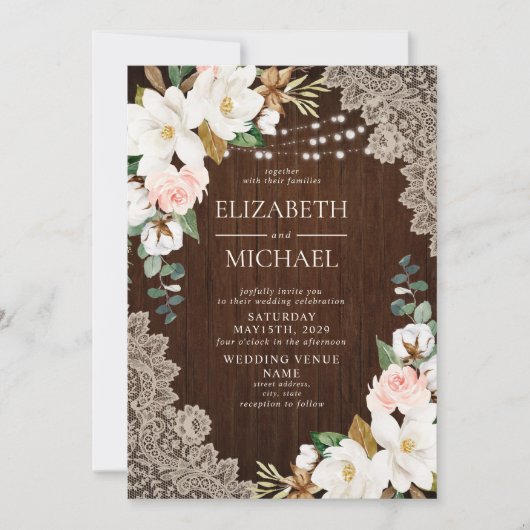 ウッド素朴ストリングライトレースフローラファーム結婚ズ 招待状 (正面)