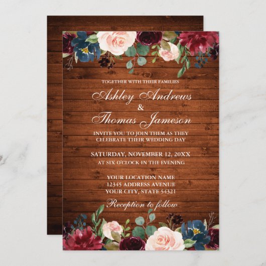 ウッド素朴ス結婚フローラブルガンディーブルー招待状 招待状 (正面/裏面)