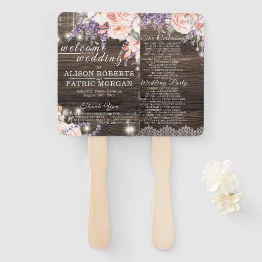 ウッド素朴ス結婚ラベンダーレース結婚式 プログラム ハンドファン (正面&裏面)