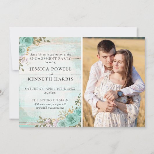 ウッド素朴ターコイズバラ婚約パーティ写真 招待状 (正面)