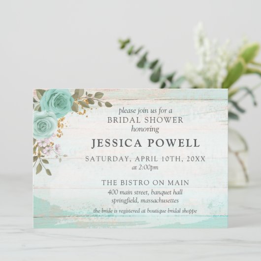 ウッド素朴ターコイズフローラコテージブライダルシャワー 招待状 (スタンド正面)