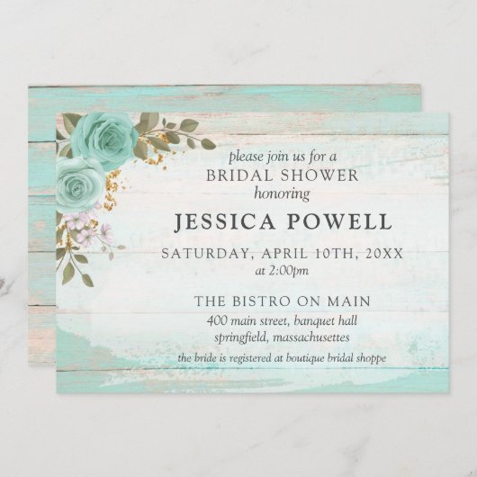 ウッド素朴ターコイズフローラコテージブライダルシャワー 招待状 (正面/裏面)