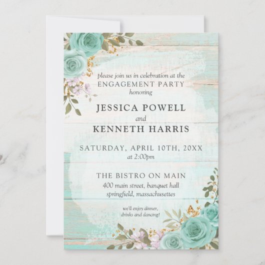 ウッド素朴ターコイズフローラ婚約パーティ 招待状 (正面)