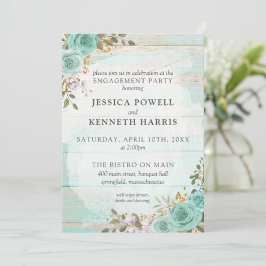 ウッド素朴ターコイズフローラ婚約パーティ 招待状 (スタンド正面)