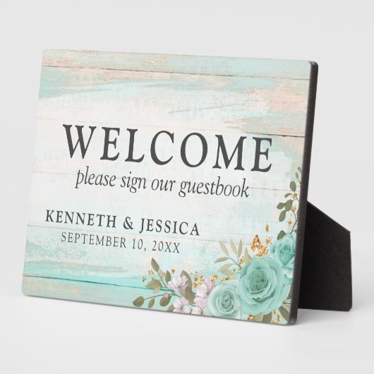 ウッド素朴ターコイズフローラ歓迎結婚ズ フォトプラーク (側面)