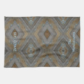 ウッド素朴ダイヤモンドパターンブラウンブルーキャビン キッチンタオル (横)