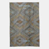 ウッド素朴ダイヤモンドパターンブラウンブルーキャビン キッチンタオル (縦)