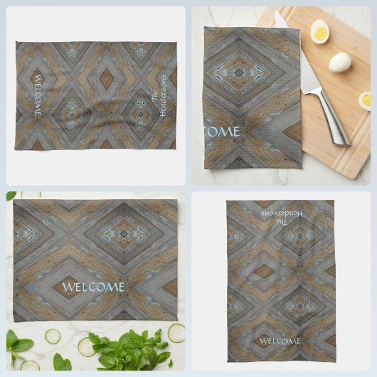 ウッド素朴ダイヤモンドパターンブラウンブルーキャビン キッチンタオル