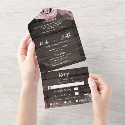 ウッド素朴ダスティバラヴィンテージレース結婚ズ オールインワン招待状 (貼ってはがせる)